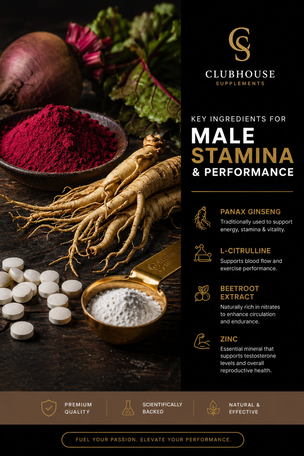A photorealistic close-up of natural supplement ingredients like ginseng root, zinc tablets, and beetroot powder on a dark wooden surface, with a small measuring spoon. Alt: Key ingredients for male stamina supplements including citrulline and beetroot.