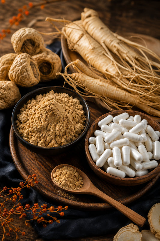 A photorealistic close-up of natural supplement ingredients like ginseng root, maca powder, and L-citrulline capsules arranged on a wooden surface with soft natural lighting. Alt: Natural ingredients for male libido supplements including ginseng and maca.